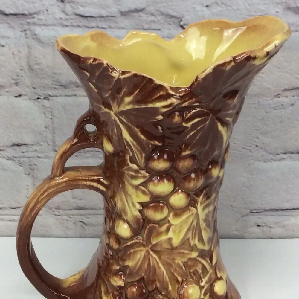 McCoy Pottery Vintage Grapevine Pitcher Vase Yellow Brown 9.5